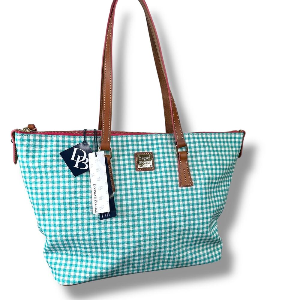 NEW Dooney & Bourke Sena Sea Foam Gingham Leather Zip Top Shopper Shoulder Bag